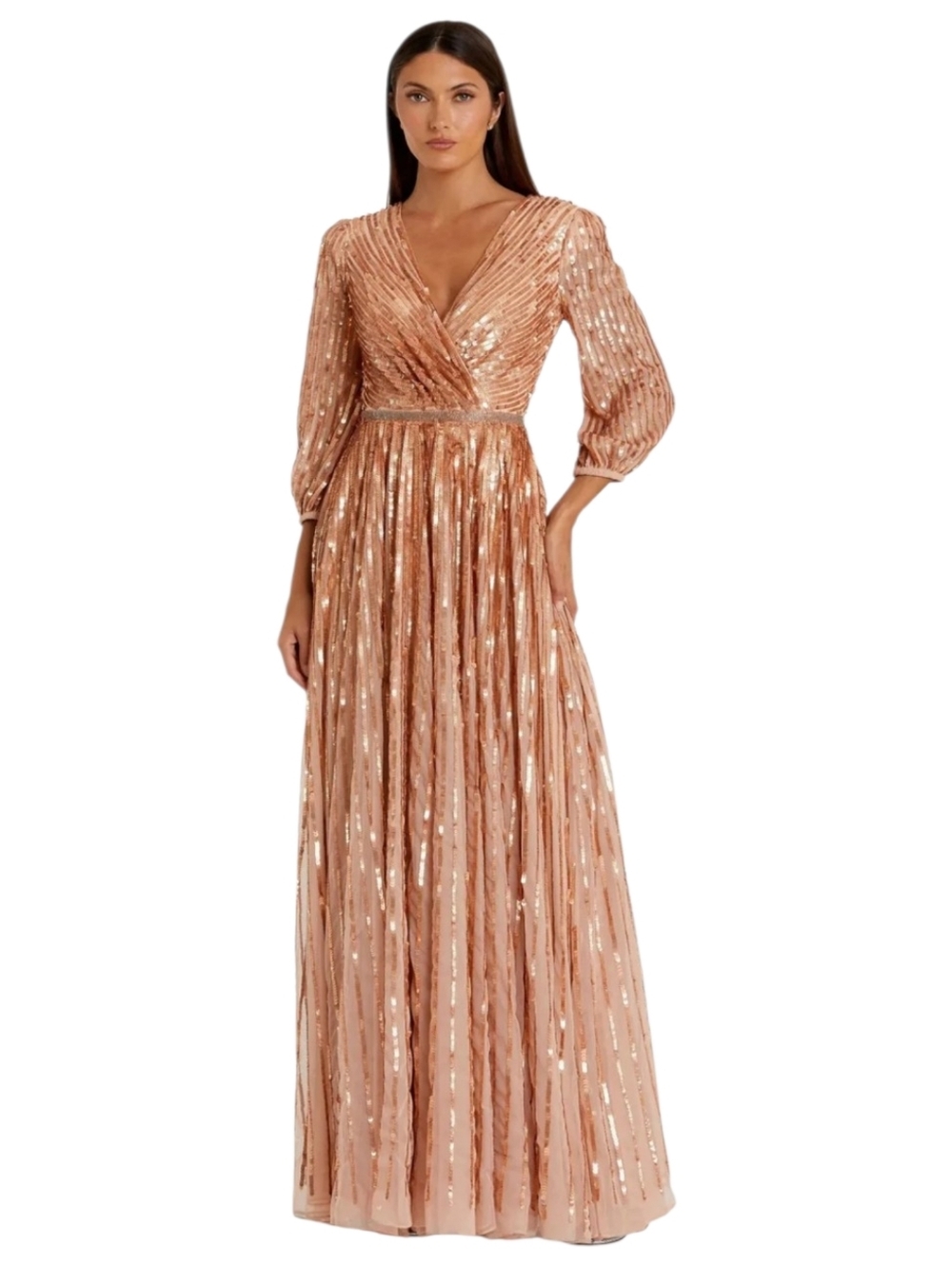 Mac Dougall Rose Gold Sequin Wrap Over Dress 3/4 Sleeve Maxi Formal Plus Size 14